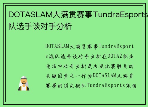 DOTASLAM大满贯赛事TundraEsports战队选手谈对手分析