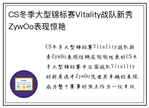 CS冬季大型锦标赛Vitality战队新秀ZywOo表现惊艳